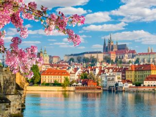 Scenic Prague panorama with Hradcany castle and Vltava river in spring, Czech Republic