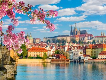 Scenic Prague panorama with Hradcany castle and Vltava river in spring, Czech Republic