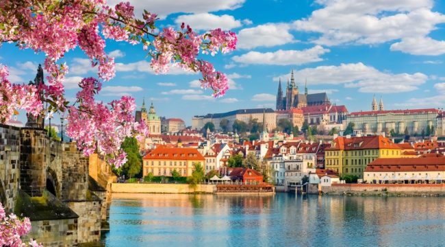 Scenic Prague panorama with Hradcany castle and Vltava river in spring, Czech Republic